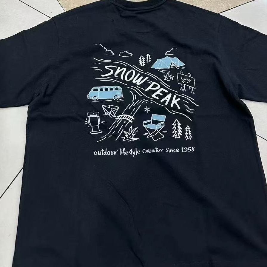 Spot Snow Peak เต็นท์ด้านหลังผ้าฝ้ายแท้สําหรับผู้ชายและผู้หญิงการ์ตูนแคมป์ปิ้งพิมพ์เสื้อยืดแขนสั้น S