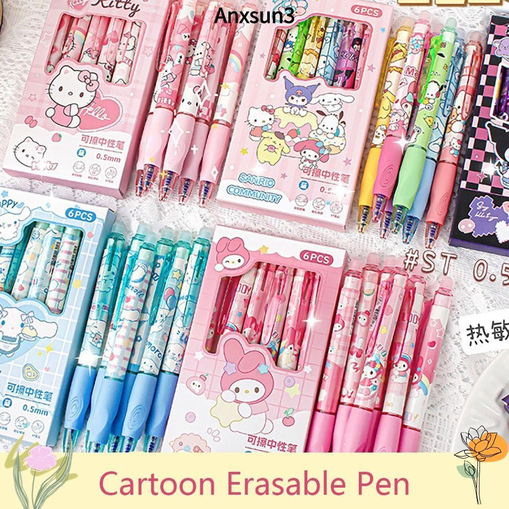 ANXSUN3 6 ชิ้น/เซ็ตปากกาลูกลื่น,Kuromi/Melody/Pochacco 0.5 มม.หมึกสีฟ้าปากกาลบได้,แบบพกพาแห้งเร็วแก้ไขปากกาGripท่าทางปากกาเจลนักเรียนของขวัญ
