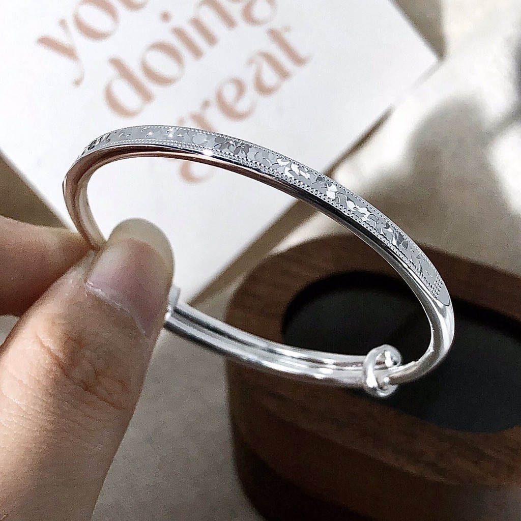 万足银S999.9精品中童镯推拉镯子实心碎冰冰亮晶晶纯银可调节手镯