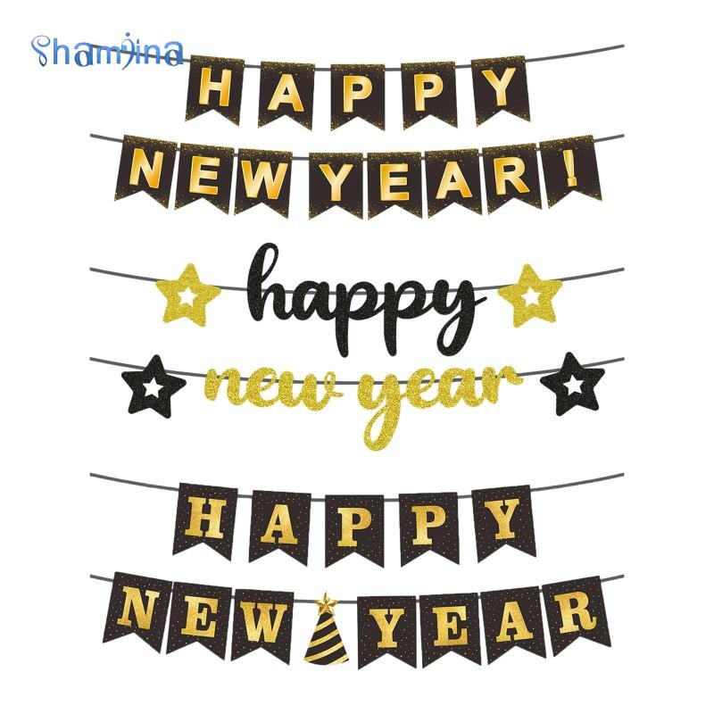[แชมจินอา] แบนเนอร์สวัสดีปีใหม่แบนเนอร์ป้ายระเบียงพร้อมธงกระดาษทองแขวนตอม่อเพื่ออีฟกลางแจ้งปีใหม่