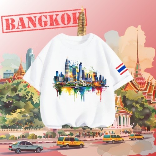 กรุงเทพมหานคร Skyline พิมพ์ 100% ผ้าฝ้าย ยูนิเซ็กส์ เสื้อยืดคอกลม กรุงเทพมหานคร Skyline เสื้อสำหรับผ