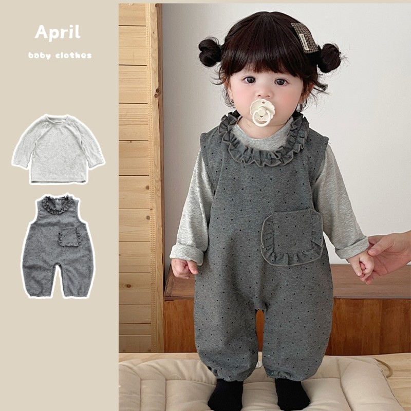 ชุดจั๊มสูทสำหรับเด็กหญิงวัย 1-4 ปี ฤดูใบไม้ร่วงถึงฤดูหนาว สีเทา แขนยาว มีลายจุดและลูกไม้ พร้อมเสื้อยืด