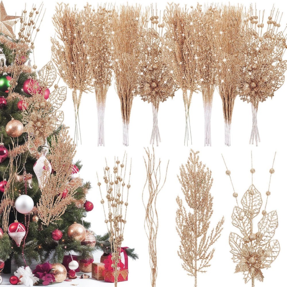1 PC Christmas Tree Picks Christmas Glitter Berries Stems 17 นิ้วสเปรย์ Glittery สาขาเครื่องประดับสําหรับ Xmas Tree DIY หัตถกรรมพวงหรีดแจกันฟิลเลอร์ตกแต่งคริสต์มาส (แชมเปญ)