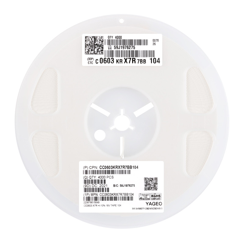 Original 0603 Patch Capacitor 100nF (104) ±10% 16V X7R CC0603KRX7R7BB104