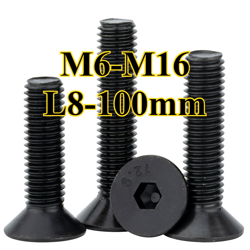 Grade 12.9 น็อต สกรู หัวจม หกเหลี่ยม เตเปอร์ สแ Flat Head Hexagon Socket Machine Screw สีดำ M6/M8/10/M12/M16 * L8-100 มม. (YDD-LD-TH1)