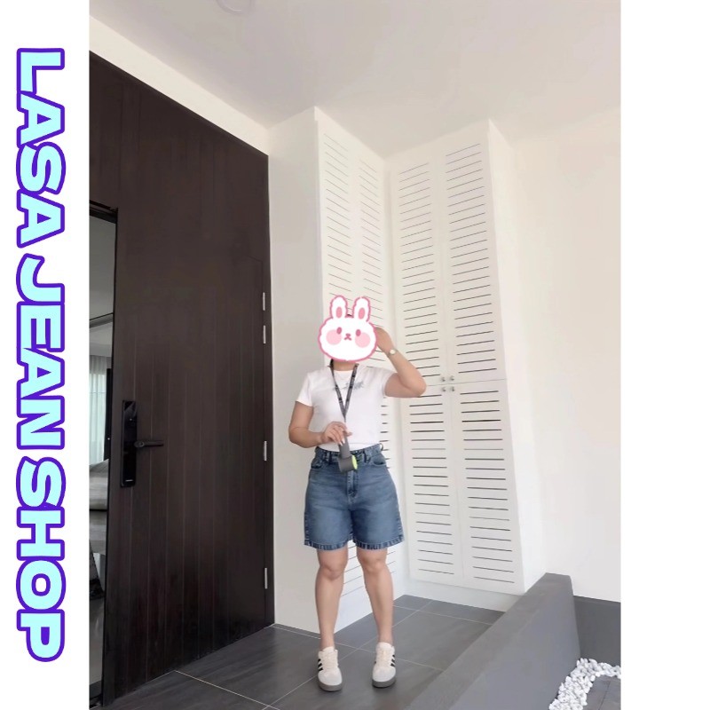 LASA กางเกงขาสั้นยีนส์เอวสูงขากว้าง สไตล์วินเทจเรียบง่ายดูผอมเพรียว สวย เหมาะสำหรับสาวรูปร่างเต็ม M-5XL - รูปที่ 2