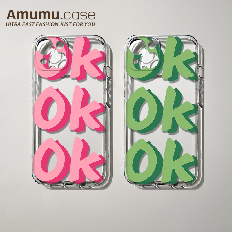 สีเขียว OK Apple 17promax เคสโทรศัพท์ 16 สีชมพูภาษาอังกฤษ iphone15 นุ่มโปร่งใส x เหมาะสําหรับ 13 ซิล