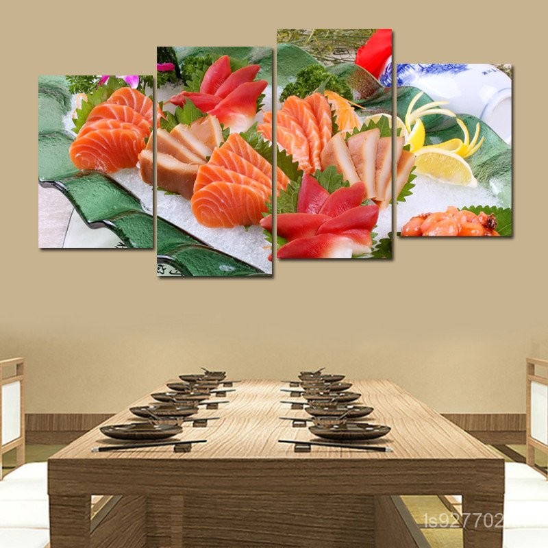 ภาพวาดตกแต่งร้านอาหาร สไตล์ญี่ปุ่น Salmon Sashimi และซูชิ สำหรับห้องอาหารหรือโรงแรม