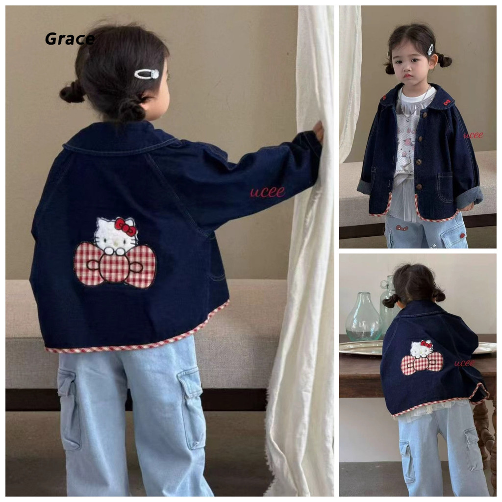 [Grace] (Ready Stock) แจ็คเก็ตยีนส์แมวน่ารักสําหรับเด็กผู้หญิง 2025 เวอร์ชั่นเกาหลี เสื้อสเวตเตอร์ถักเด็กสไตล์ใหม่ GR3545 #