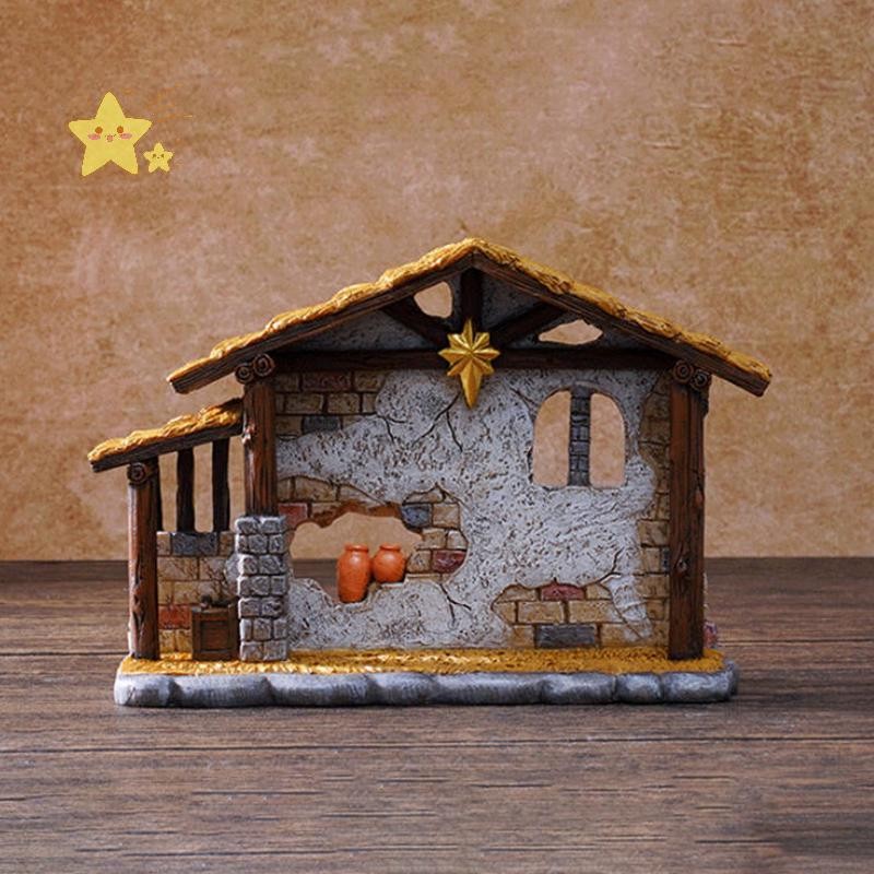 [JBTH] คริสต์มาส Stable House Shed รูปปั้น Manger Shed ฉากประติมากรรมเครื่องประดับตุ๊กตาเรซิ่นศาสนาข