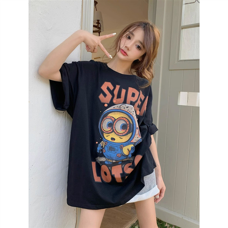 เกาหลี เสื้อแบบดารา เสื้อยืดแขนสั้น Oversize CMDXY10299 ผู้ชาย ผู้หญิง ลายทาง ตัวอักษร หลวม ลายสกรีน