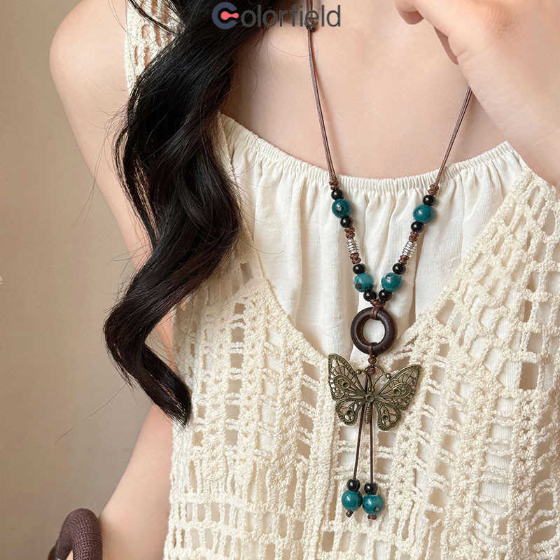 Colorfield สร้อยคอโซ่ยาวจี้ผีเสื้อ เซรามิค สไตล์เรโทรอินเทรนด์ ไม่มีร่องรอย สำหรับผู้หญิง เทรนด์แฟชั่น เครื่องประดับ-COD