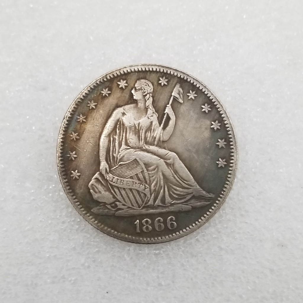 งานฝีมือโบราณอเมริกัน 1866, ทองเหลืองครึ่งหยวน Silver-Plated Distressed Silver-Dollar Silver รอบต่าง