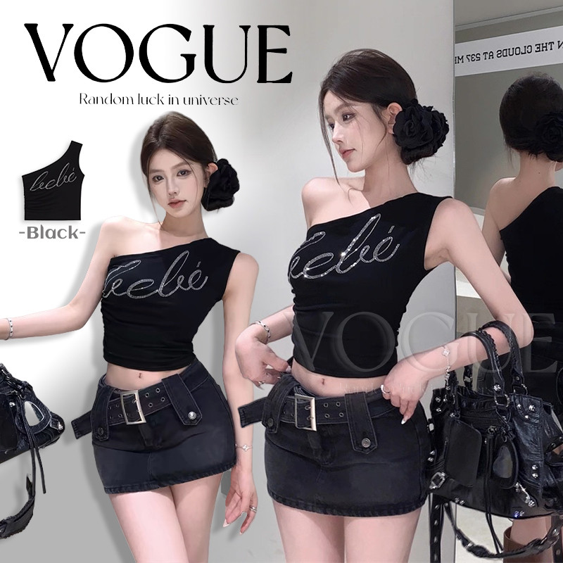 Vogue🌟พร้อมส่ง🌟 เสื้อกล้ามทรงรูป แต่งลายเพชร ทรงครอปสั้น สีพื้น (FY576)