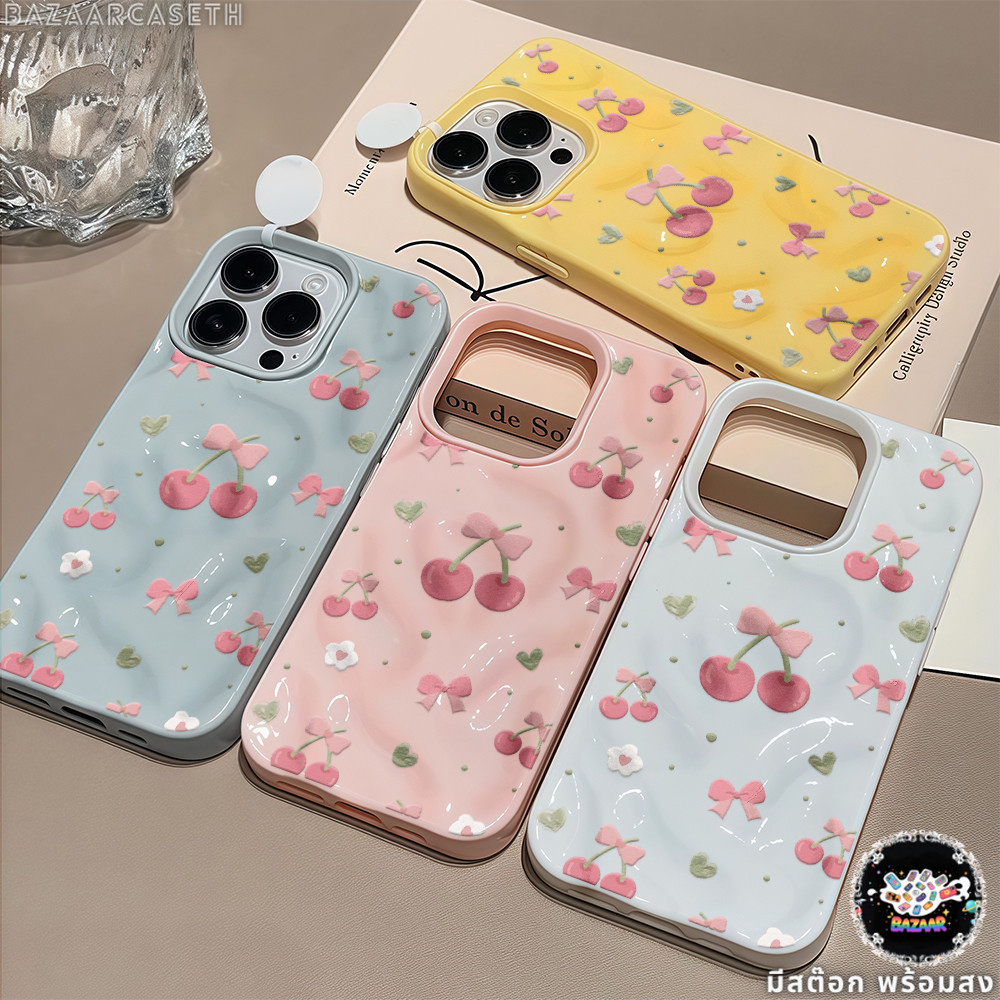 สต๊อกไทย เคสโทรศัพท์12 โบว์เชอร์รี่ ชมพู เคสลายอุกกาบาต For IPhone13 11 12 14PLUS 6/7/8 15 16ProMAX X XR XSMAX กันกระแทก