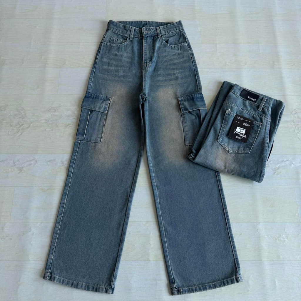 กางเกงยีนส์คาร์โก้ 6 กระเป๋า สีสนิมหม่น แต่งเฟด ป้ายวินเทจดำ ‎#998