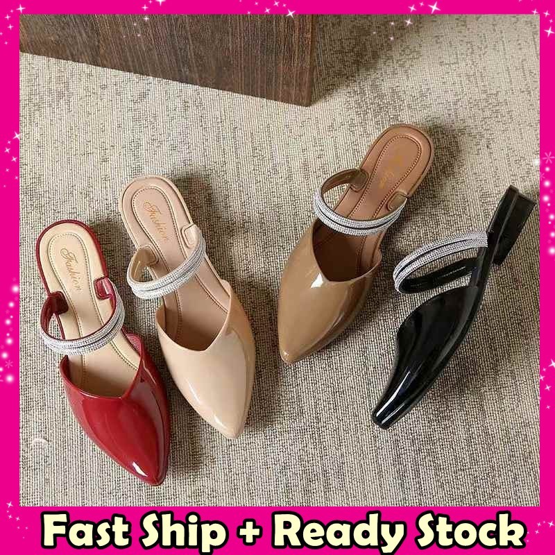 Borong Store ผู้หญิงรองเท้าส้นสูงรองเท้าเพชร Kasut Wanita Tutp Depan อาหารค่ํารองเท้าสีดําสีดํา Blin