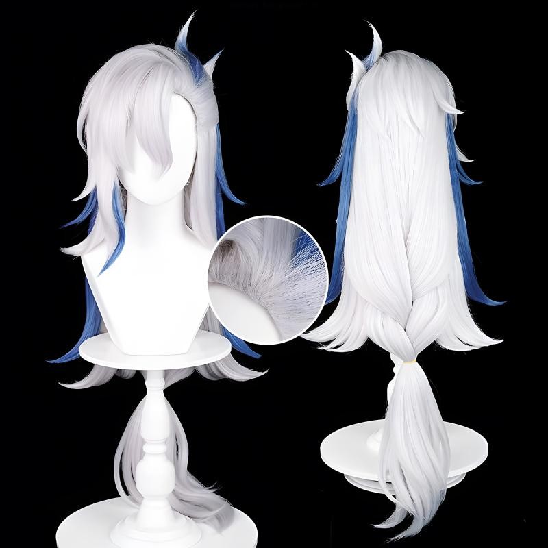 【Manmei】Genshin Impact Fontaine Neuvillette Cosplay Wig 100cm Long Silver White Blue Heat Resistant 