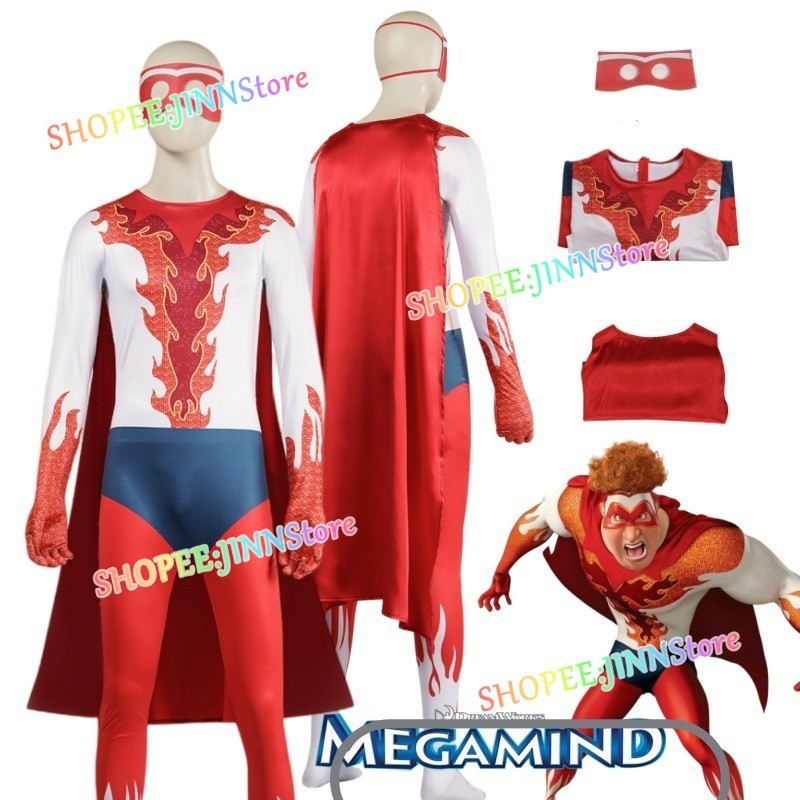 -JINN-MEGAMIND คอสเพลย์เครื่องแต่งกาย Superhero MEGAMIND METRO MAN TIGHTEN คอสเพลย์ Jumpsuit Cape ชุ