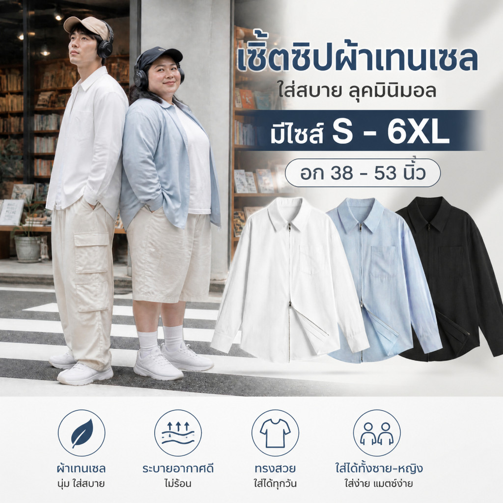 เสื้อเชิ้ตแขนยาวดีไซน์ซิปคู่ S-6XL ทรงโอเวอร์ไซส์ มินิมอลสไตล์ ใส่เป็นเสื้อคลุมเท่ๆ