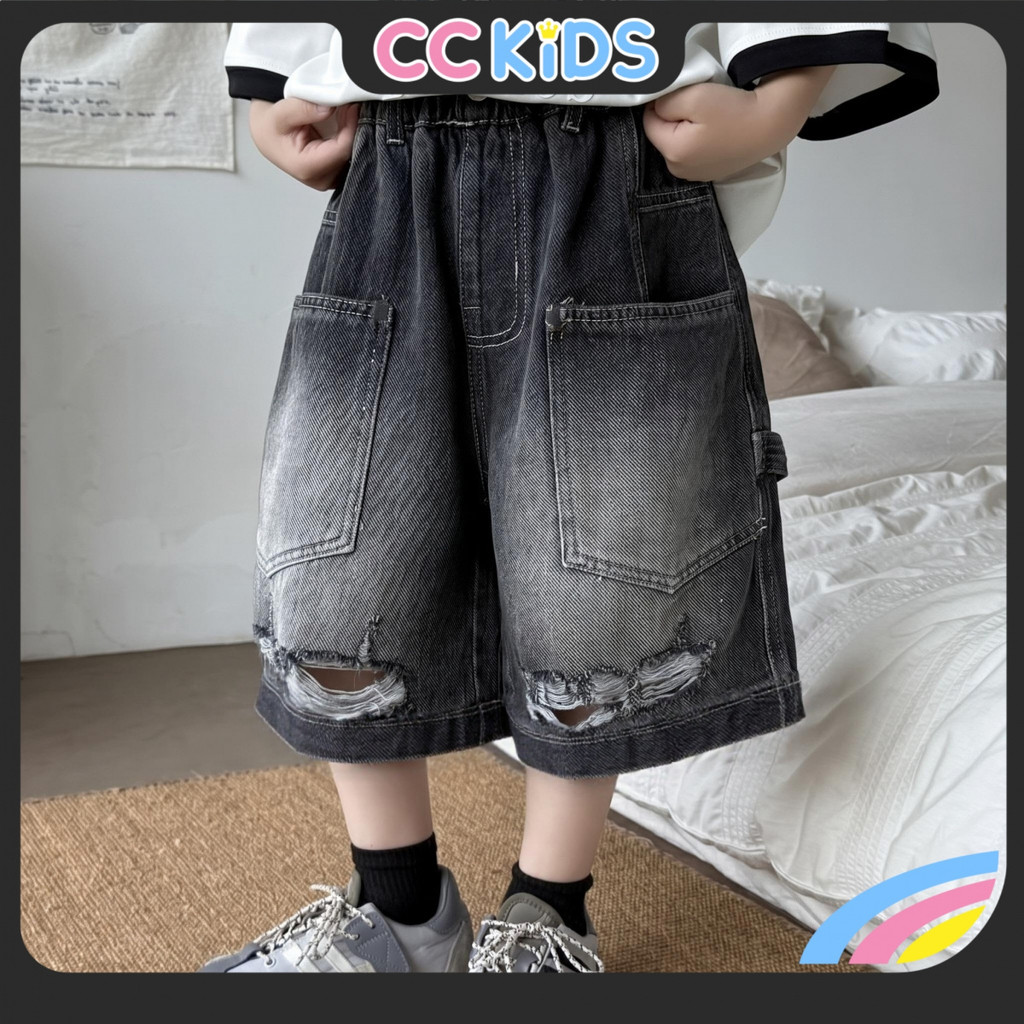 กางเกงยีนส์เด็กผู้ชาย Cropped Pants กางเกงขาสั้นสีดํา Loose All-Match อินเทรนด์ Ripped Size 90-150