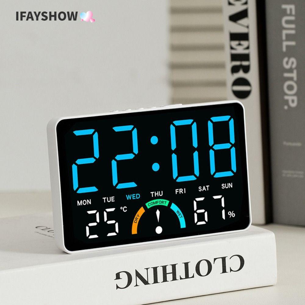 IFAYSHOW นาฬิกาแขวนอิเล็กทรอนิกส์, นาฬิกา LED ดิจิตอลอเนกประสงค์ติดผนัง, นาฬิกาตั้งโต๊ะแสดงวันที่ 12/24H DST สําหรับห้องนอน
