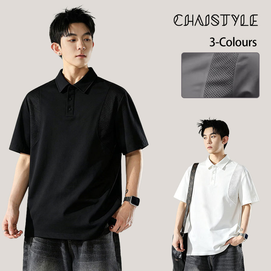 Chaistyle เสื้อโปโลฤดูร้อน รุ่นใหม่ เสื้อยืดผู้ชาย เทรนด์ การออกกำลังกาย การต่อ รูตาข่ายระบายอากาศ