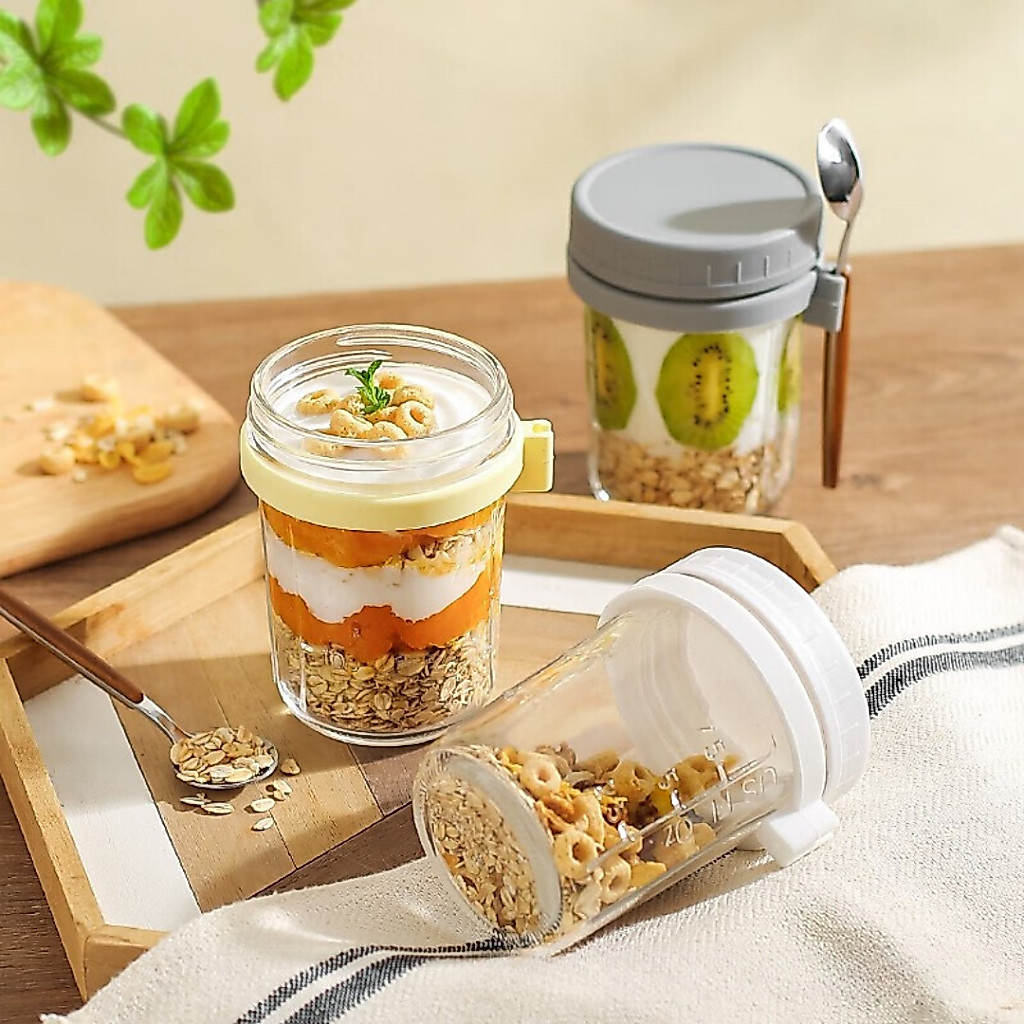 แก้วโอเวอร์ไนท์โอ๊ต Overnight oat แก้วอาหารเช้า แก้วน้ำแบบพกพา 350ml มีฝาปิดและช้อน ถ้วยข้าวโอ๊ต