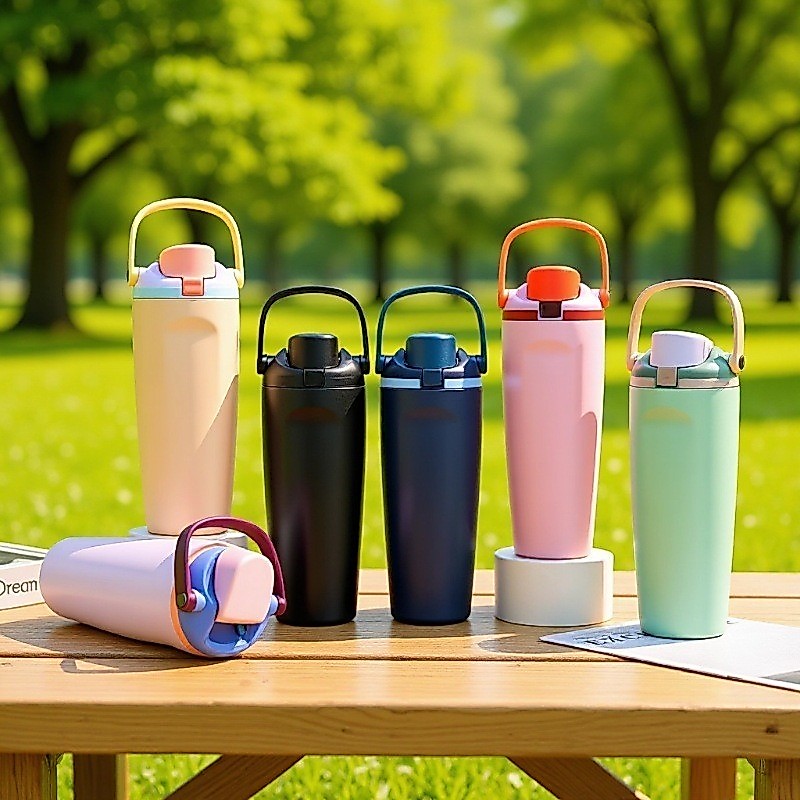 HEN แก้วเก็บความเย็น 900ML สแตนเลส 304 มีหูหิ้วพกพา มีหลอดดูด แก้วน้ำกลางแจ้ง/ในรถยนต์แบบพกพา ดื่มได้ 2 วิธี
