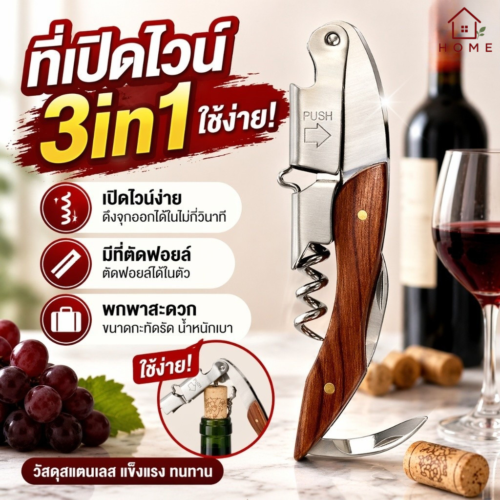 Home007  ที่เปิดไวน์ 3in1 ด้ามไม้ พกพาสะดวก มีที่ตัดฟอยล์ เปิดง่าย แข็งแรง ที่เปิดขวดไวน์ Wine Opener Corkscrew