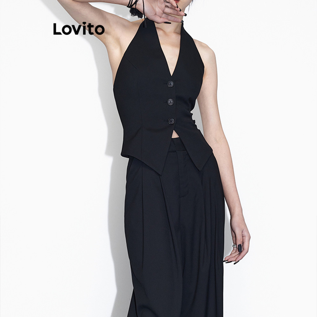 Lovito สง่างาม เสื้อกล้าม เสื้อกล้ามปุ่มเปลือยธรรมดาสําหรับผู้หญิง LNE38007 (ขาว/ดํา)