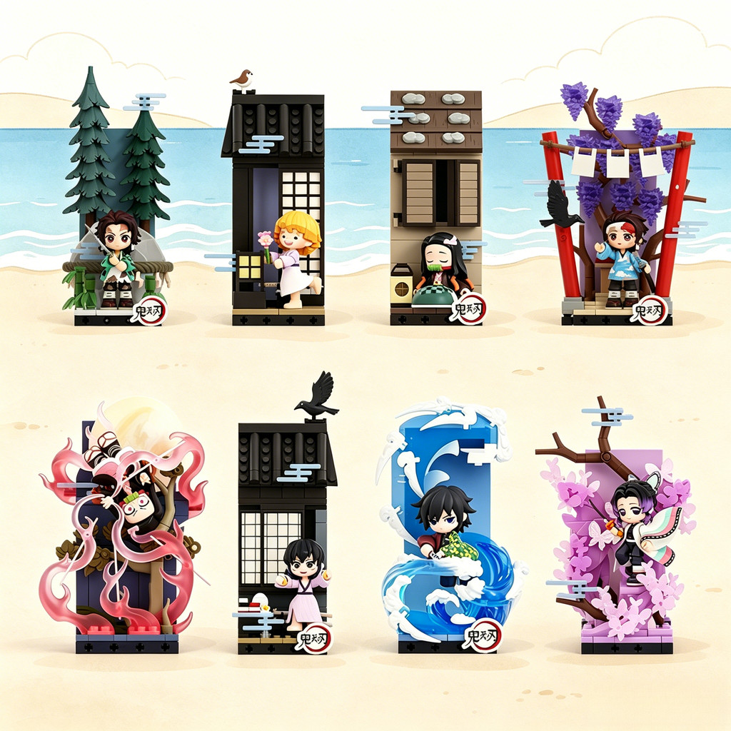 P POPMART Demon Slayers Blade Standing Story Series Building Blocks รูปตุ๊กตาน่ารักเครื่องประดับอินเทรนด์เล่น Mystery กล่องของขวัญ