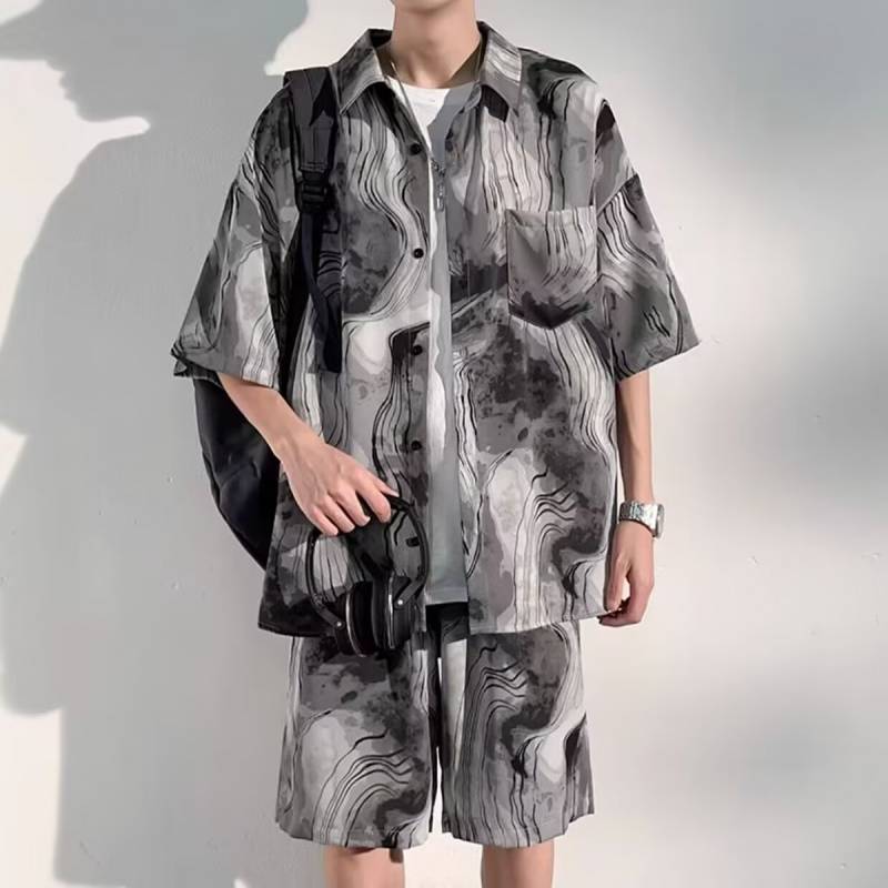 Men's Summer Thin Loose Short Sleeve Floral Shirt Hawaiian Couple Beachwear Printing Suit RhIa