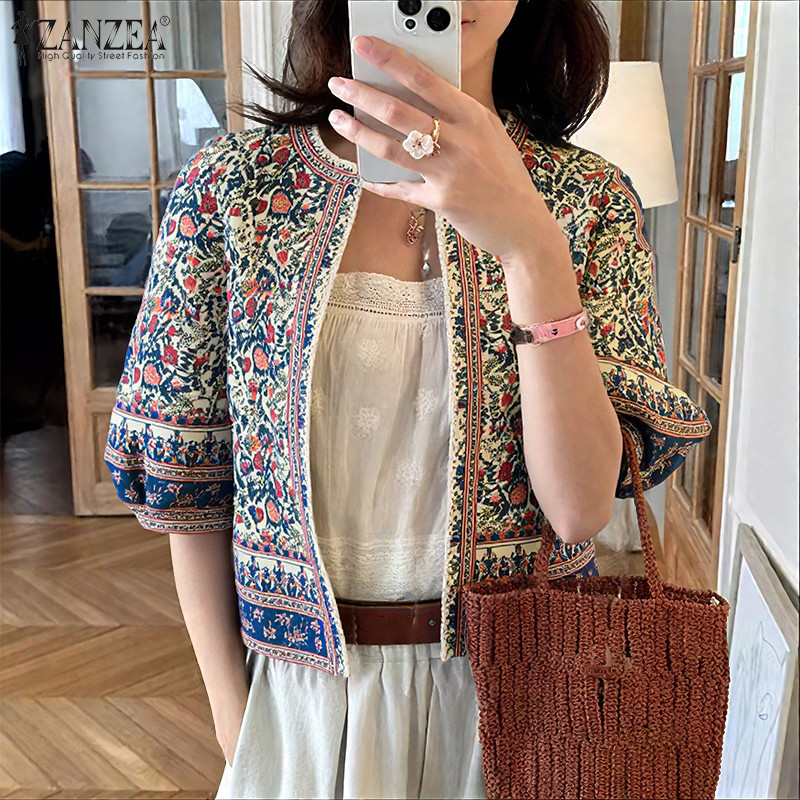 Zanzea Celmia คาร์ดิแกนแขน 3/4 สไตล์เกาหลีวินเทจ พิมพ์ลายสำหรับผู้หญิง — صورة 4