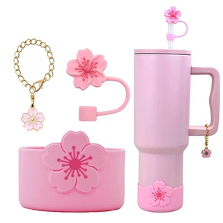 SUGAW ฝาครอบฟางและขวดน้ําซิลิโคน BOOT & Tumbler Charm ชุด, Begonia รูปร่างหลอดฝาปิดและจี้ Charm, Tumbler Boot สําหรับ Stanley Owala Tumbler