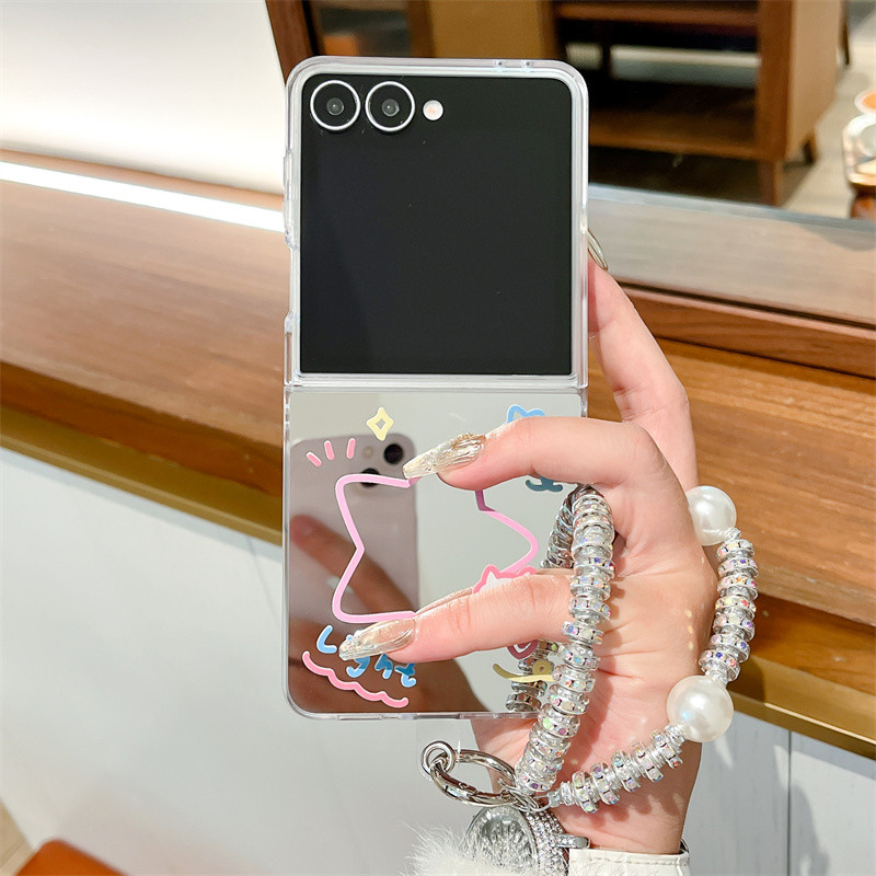 LUKEN เกาหลีน่ารัก Star Love พิมพ์กระจกเคสโทรศัพท์สําหรับ Samsung Galaxy Z Flip 7 6 5 4 3 Flip6 Flip7 พร้อมโซ่ Kawaii กรณี Capa สําหรับ Oppo ค้นหา N2 Flip N3 Flip