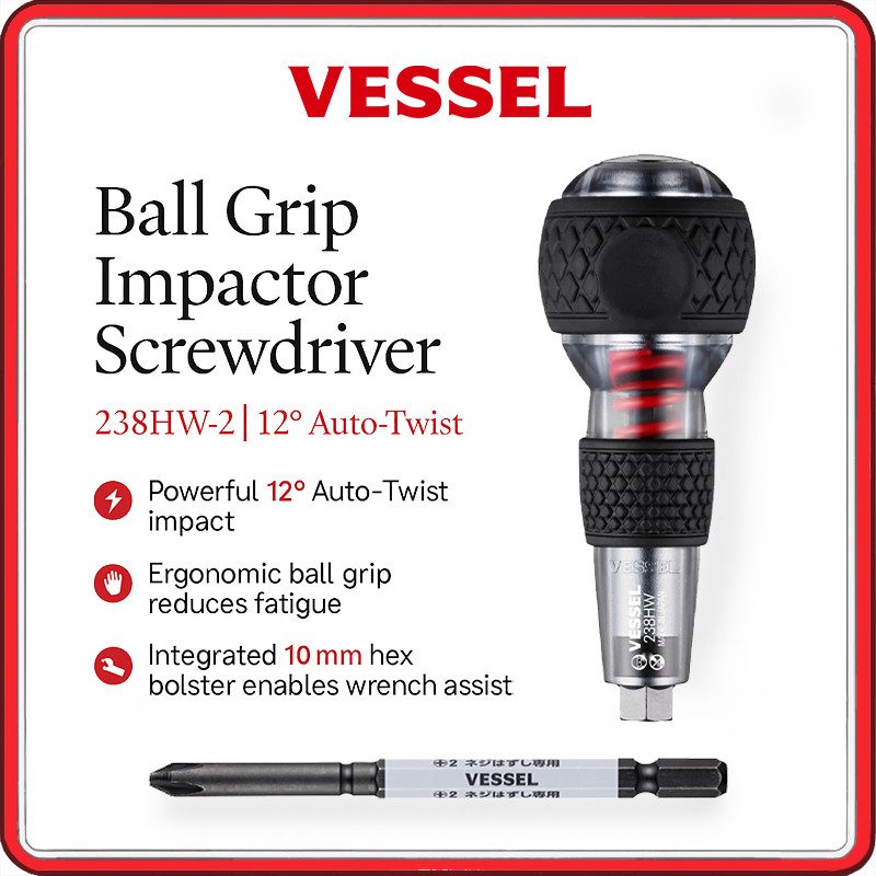 VESSEL Ball-Grip Impact Screwdriver – Models 238HW-2, 12° Torque-Boost, 10 mm Hex Bolster, Made in J