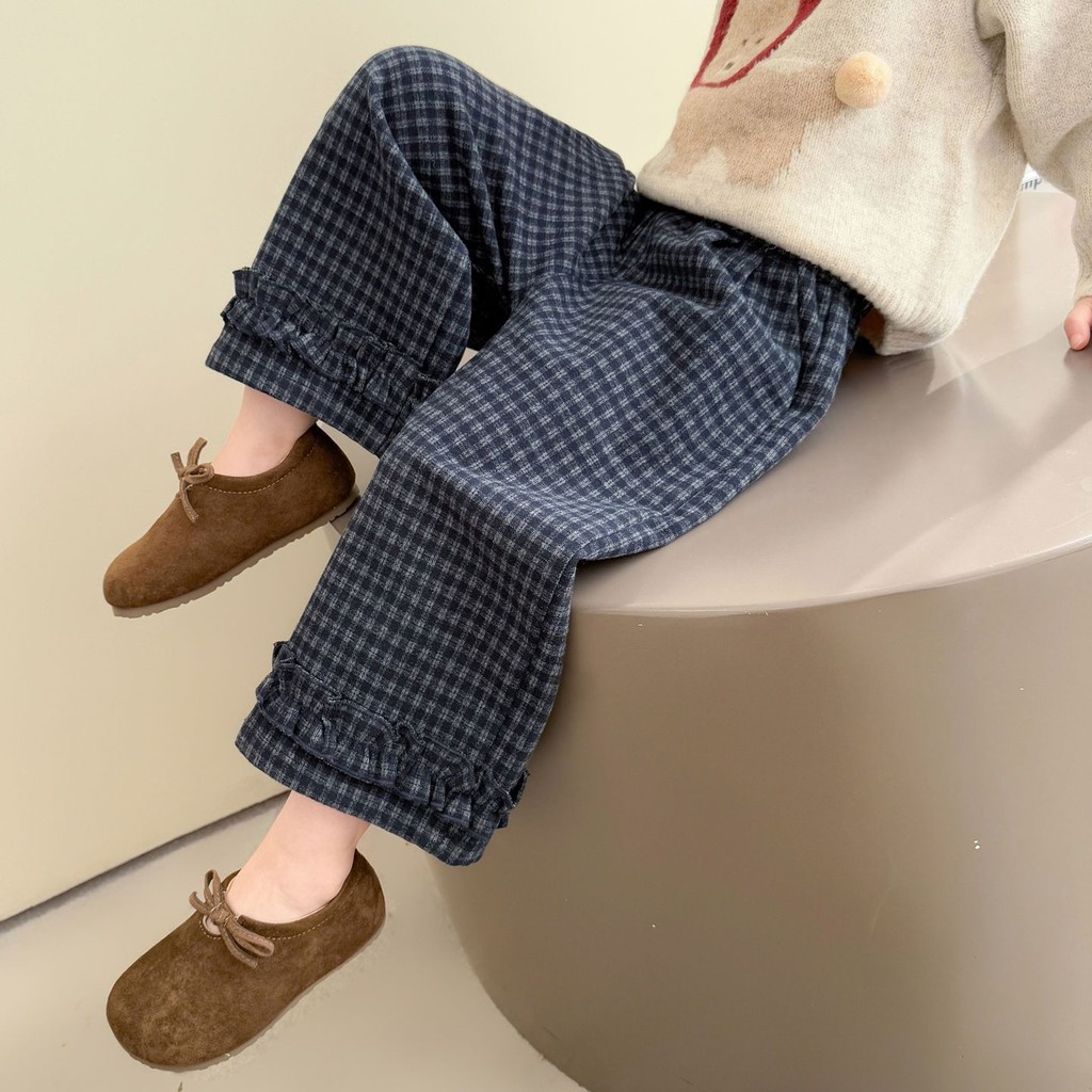 กางเกงขากว้างสไตล์สก๊อต ฤดูใบไม้ร่วง 2025 สำหรับเด็กสาว พร้อมลุคแฟชั่นทันสมัย