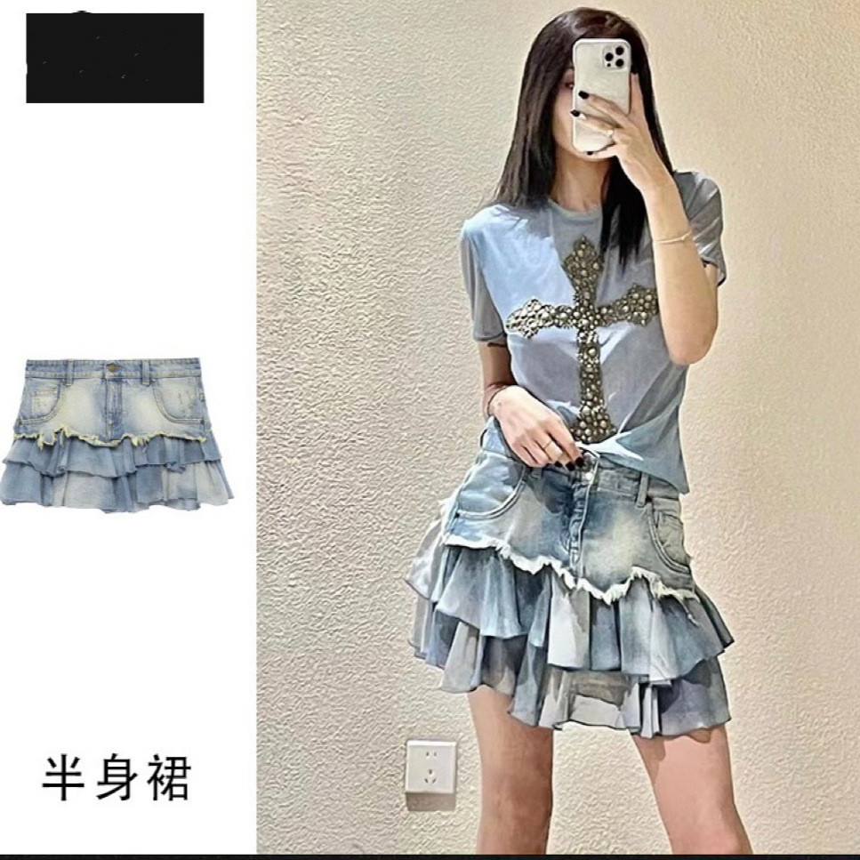 EV8L Y2K Millennium Hot Girls Baby Same Style Retro Denim Midi Skirt with Mesh Patchwork Fashionable