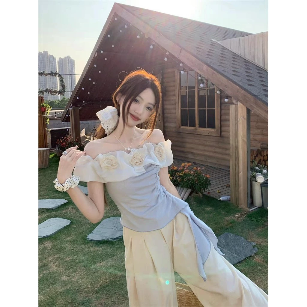 SuSu เสื้อคอเปิดบ่า แขนสั้น ลายดอกไม้ สีน้ำเงิน 56516 thumbnail 8