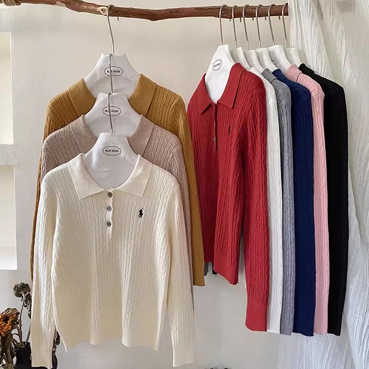 เสื้อวินเทจสไตล์โปโล แขนยาว พิมพ์ลายสำหรับผู้หญิง