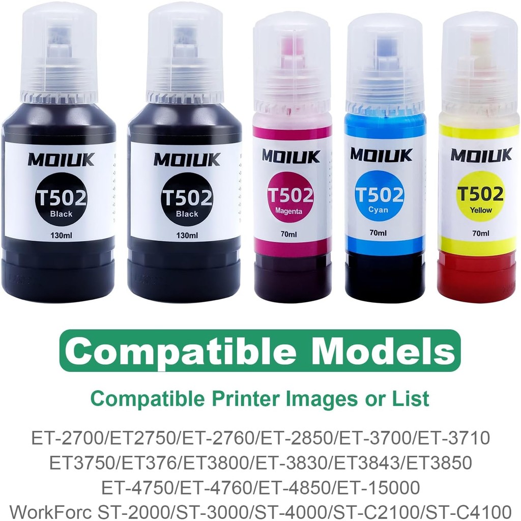 5 แพ็ค T502 502 ขวดเติมหมึกเข้ากันได้กับ Epson EcoTank 502/ET Series - เหมาะสําหรับ ET-2760, ET-4760