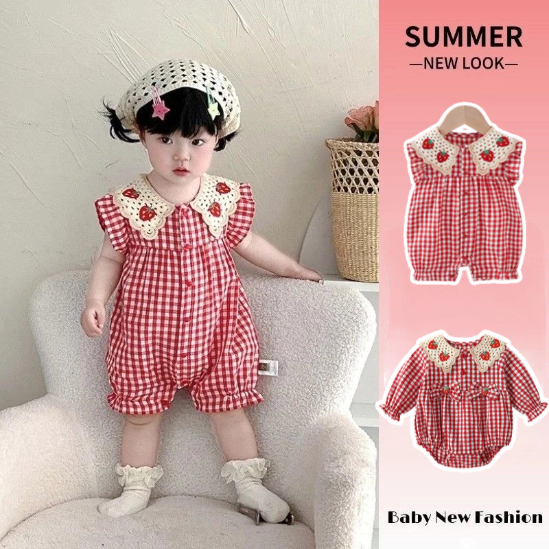 เสื้อบอดี้สูทสำหรับเด็ก 0-24 เดือน แบบสก๊อตสีแดง สไตล์เกาหลี สวมใส่ง่าย และสบายผิว