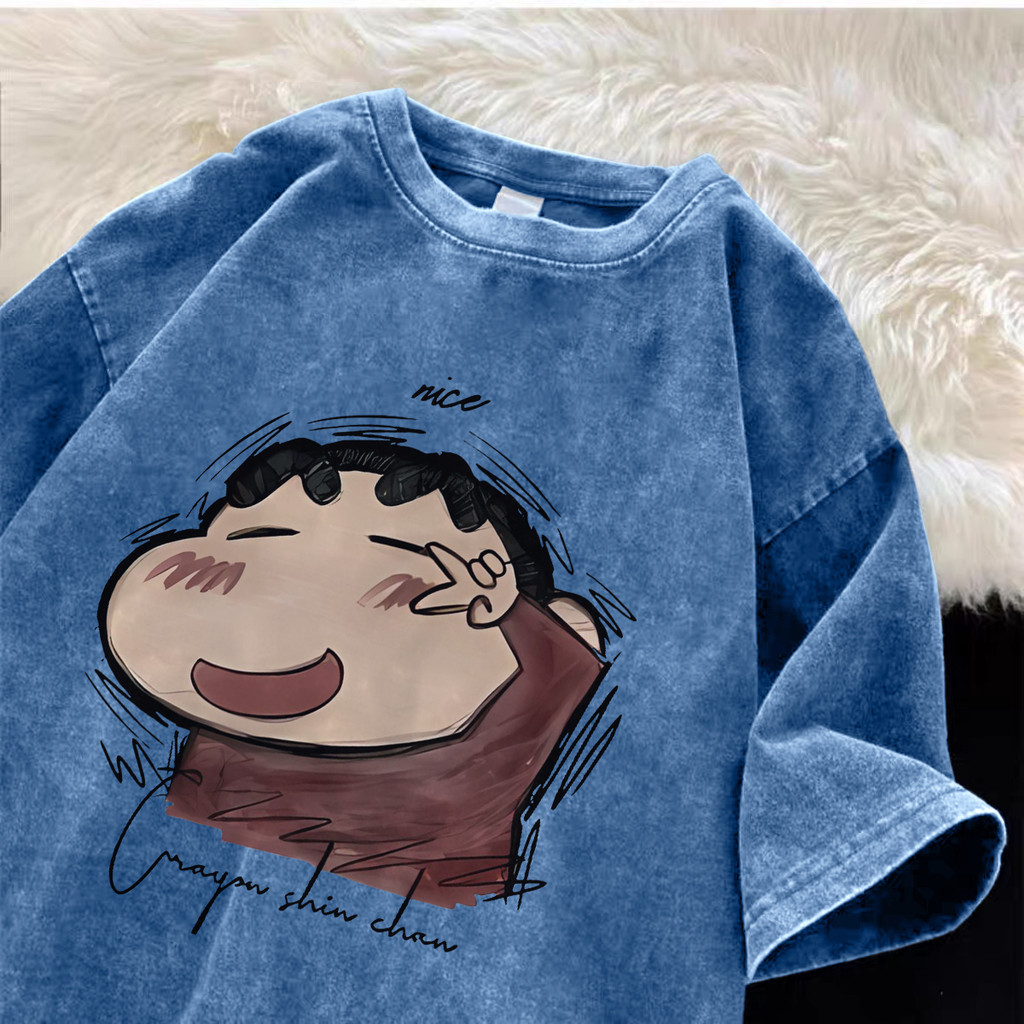 Pofloret เสื้อยืดฟอก ลายการ์ตูน oversize ผ้าฟอกวินเทจ สีฟ้า สไตล์ฮิปฮอป เรโทร การ์ตูนเครยอนชินจัง