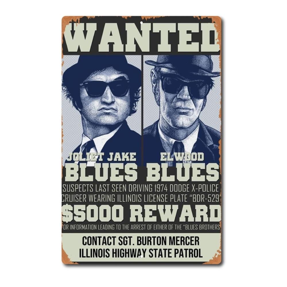 ป้าย Blues Brothers โลหะดีบุกอลูมิเนียม Wanted Jake และ Elwood 20*30 ซม.