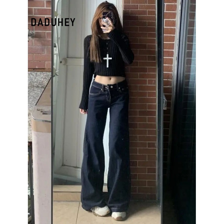 DaDuHey Women's Straight Jeans Korean-Style Retro Dark Blue Low Waist Bootcut Trousers | 9079