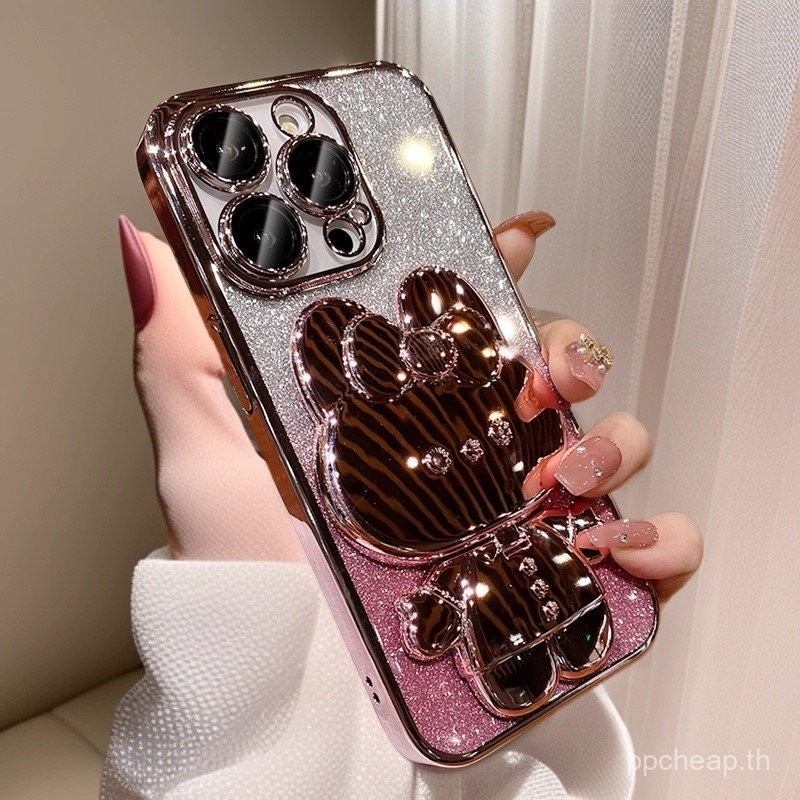 เหมาะสําหรับ ไอโฟน17 เคสโทรศัพท์ไล่โทนสีกลิตเตอร์กระจกกระต่าย แอปเปิล 16 ซิลิโคนสไตล์ใหม่ 15โปรแม็กซ์ วงเล็บ