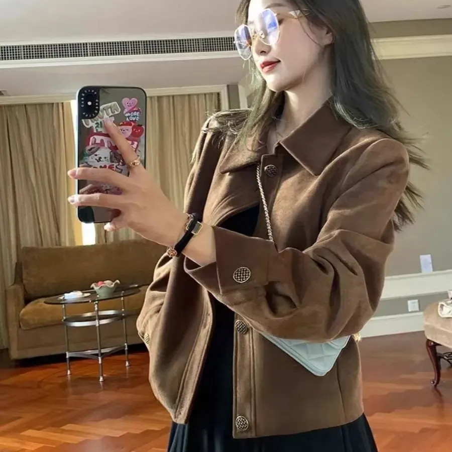 เสื้อแจ็คเก็ตสั้นผู้หญิง Deerskin สไตล์เกาหลีหลวมสบาย เหมาะสำหรับทุกฤดูกาล