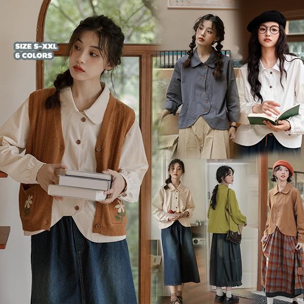 mimi&didi#เสื้อเชิ้ตทรงหลวมสไตล์ญี่ปุ่นย้อนยุคสำหรับผู้หญิง ช่วงต้นฤดูใบไม้ร่วง เสื้อเชิ้ตคาร์ดิแกนคอโปโลแขนยาว#99201