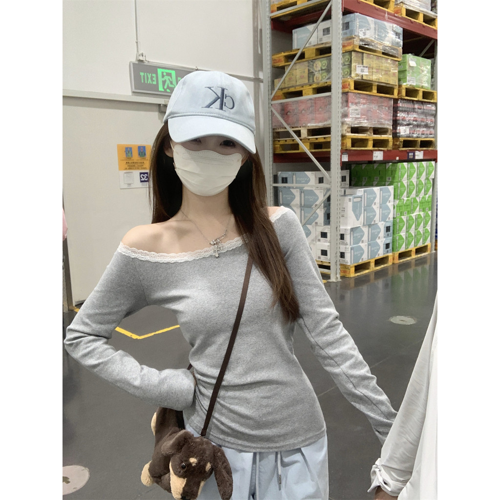Hotgirl พร้อมส่ง เสื้อยืดเข้ารูปทรงผู้หญิง เสื้อยืดแขนยาวผู้หญิง ขอบลูกไม้น่ารัก เซ็กซี่เปิดไหล่ สไตล์เกาหลี - รูปที่ 5